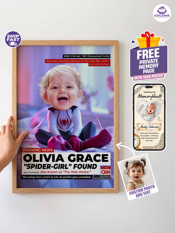 Custom Baby News Poster – Personalized Baby Web Walker Girl Wall Art